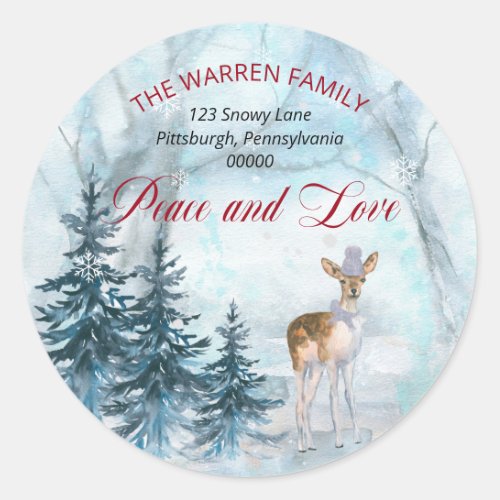 Woodland Deer Snow Peace and Love Return Address  Classic Round Sticker