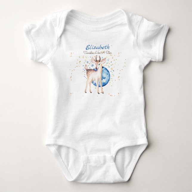Woodland Deer Twinkle Stars Baby NAME Gift Floral Baby Bodysuit (Front)