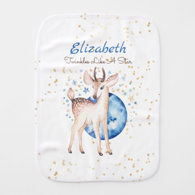 Woodland Deer Twinkle Stars Baby NAME Gift Floral Baby Burp Cloth (Front)