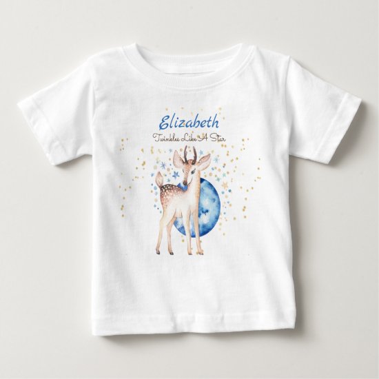 Woodland Deer Twinkle Stars Baby NAME Gift Floral Baby T-Shirt