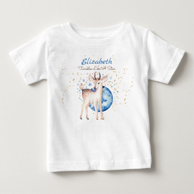 Woodland Deer Twinkle Stars Baby NAME Gift Floral Baby T-Shirt (Front)