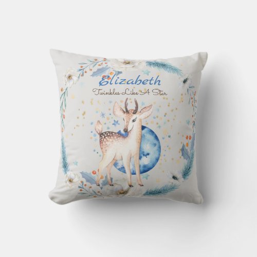 Woodland Deer Twinkle Stars Baby NAME Gift Floral Throw Pillow