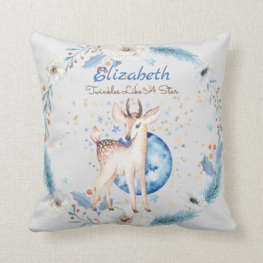 Woodland Deer Twinkle Stars Baby NAME Gift Floral Throw Pillow