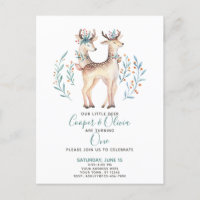 Woodland Deer Twins Baby's First 1st Birthday Invitation Postcard