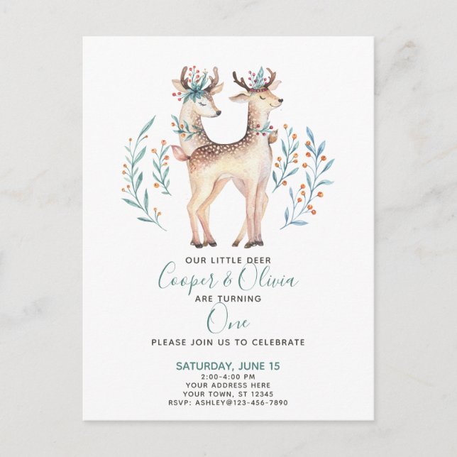 Woodland Deer Twins Baby's First 1st Birthday Invitation Postcard (Front)