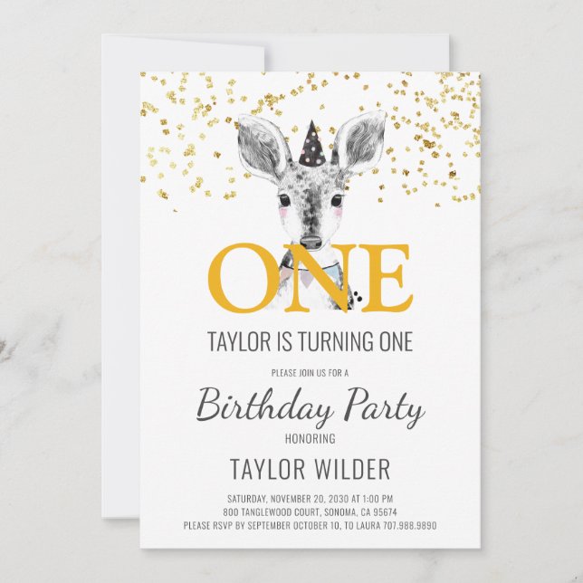 Woodland Deer Watercolor 1st Birthday Invitation (Front)