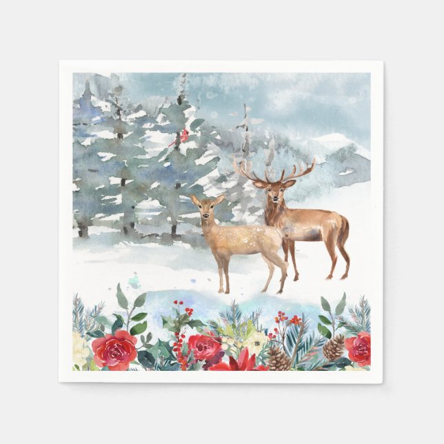 Woodland Deer Watercolor Holiday Napkins (Front)