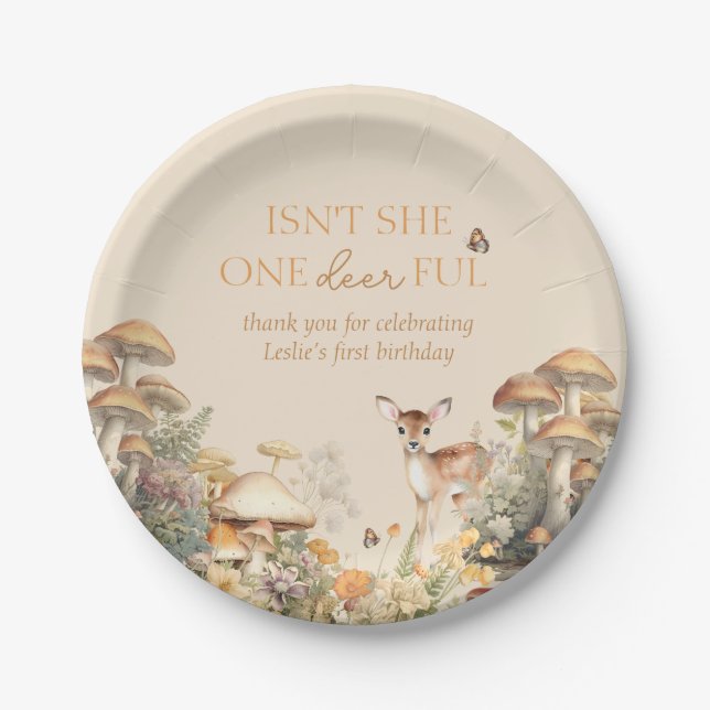 Woodland Deer Whimsical First Birthday Paper Plates (Front)