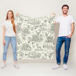 Woodland Deer Winter Toile Pattern Fleece Blanket