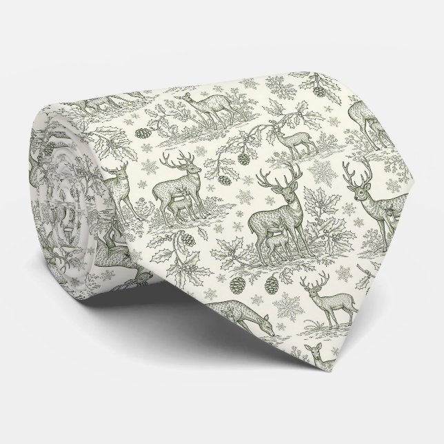 Woodland Deer Winter Toile Pattern Neck Tie (Rolled)