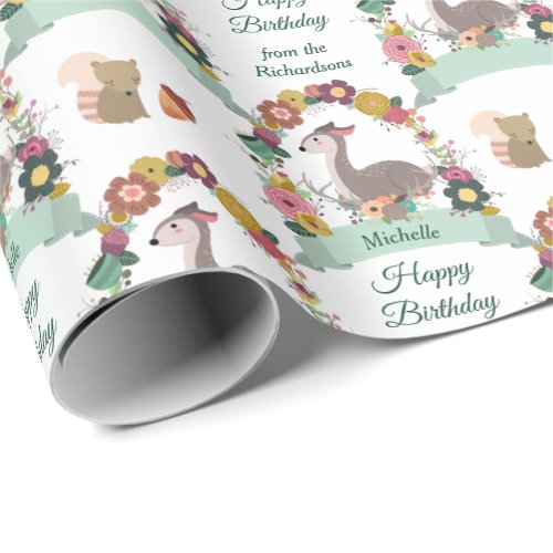 Woodland Deer Wreath Happy Birthday Wrapping Paper