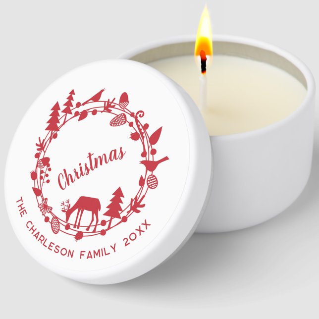 Woodland Deer Wreath Personalized Family Christmas Mini Candle Favors (Woodland deer wreath personalized Christmas family name date mini soy candle)