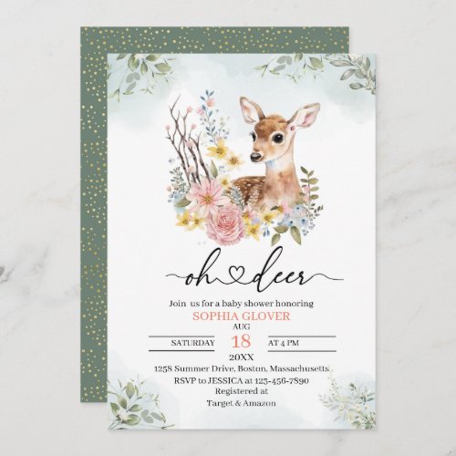 Woodland deerflowers greenery watercolor baby show invitation