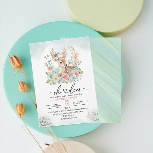 Woodland deerflowers greenery watercolor baby show invitation