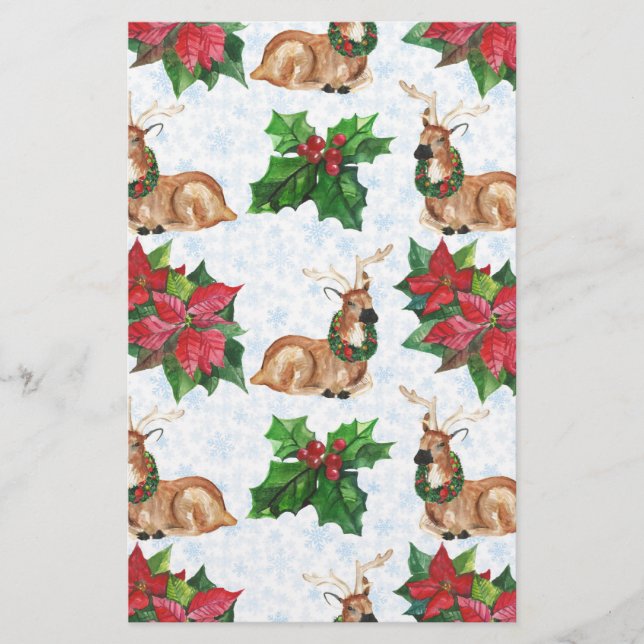 Woodland Deers In Watercolor Christmas Stationery (Front)