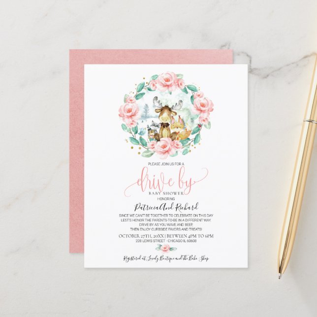 Woodland Drive By Baby Shower Budget Invitation (Front/Back In Situ)