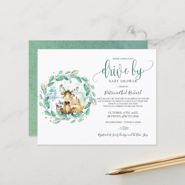 Woodland Drive By Baby Shower Budget Invitation (Front/Back In Situ)