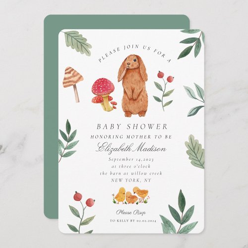 Woodland Easter Watercolor Bunny Baby Shower  Invitation