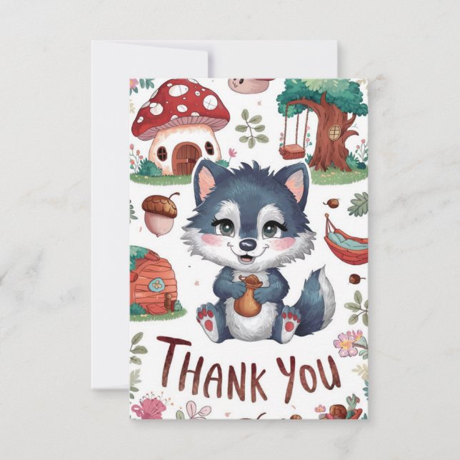 Woodland Editable Wolf Thank You Card (Front)