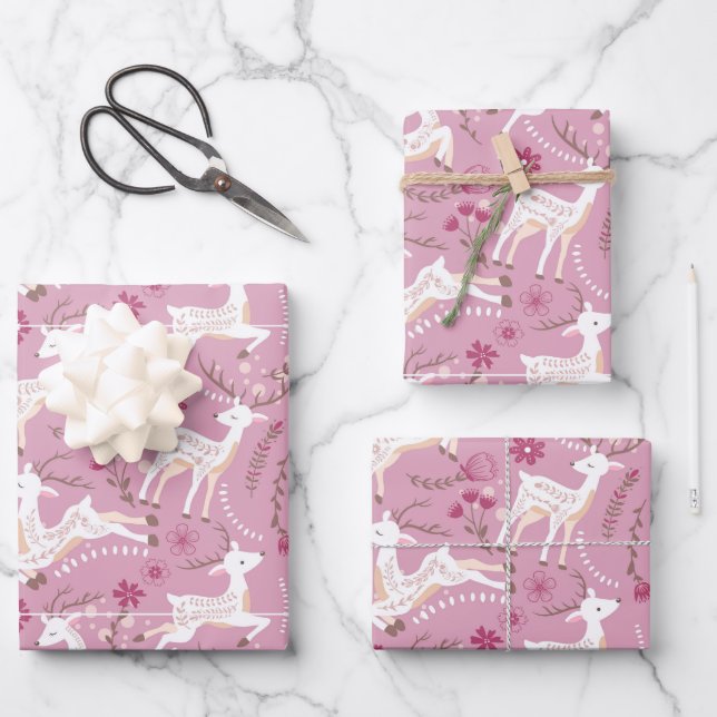 Woodland Elegance: Deer and Fawn Fantasy Wrapping Paper Sheets (Front)