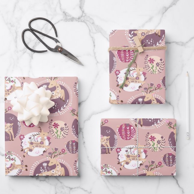Woodland Elegance: Deer and Fawn Fantasy Wrapping Paper Sheets (Front)