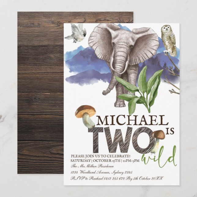 Woodland Elephant Watercolor Second Birthday Invitation (Front/Back)