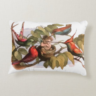Woodland Elf in Nest: Antique Bird Sprite Fairy Accent Pillow