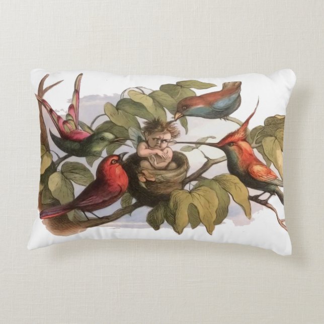 Woodland Elf in Nest: Antique Bird Sprite Fairy Accent Pillow (Back)