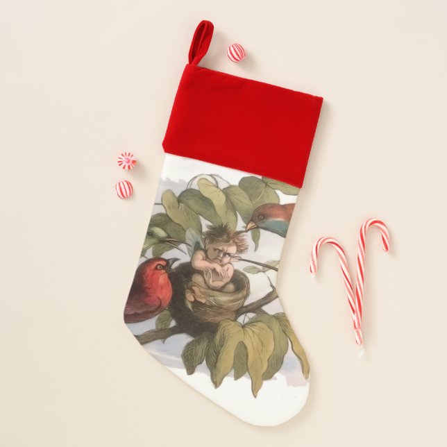 Woodland Elf in Nest: Antique Bird Sprite Fairy Christmas Stocking (Front)