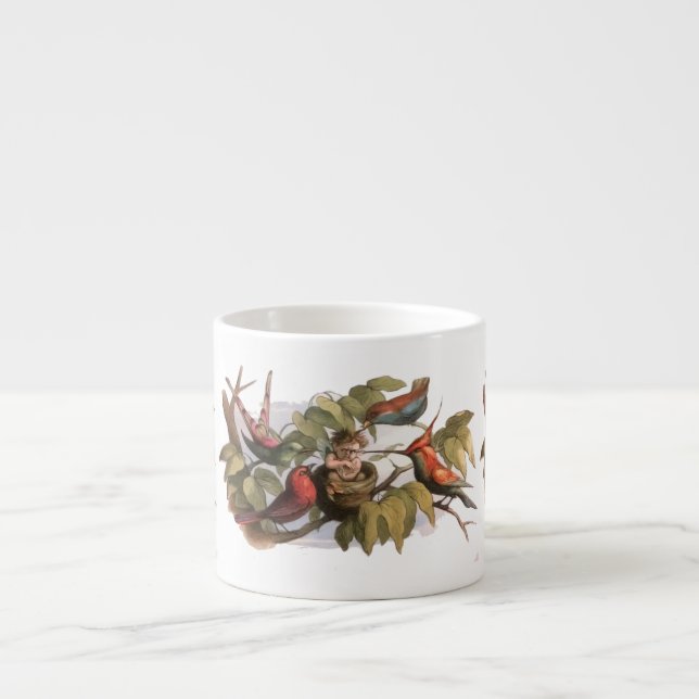 Woodland Elf in Nest: Antique Bird Sprite Fairy Espresso Cup (Front)