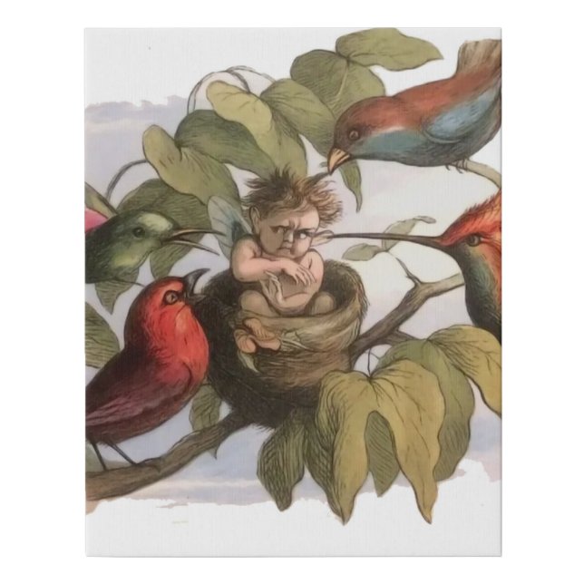 Woodland Elf in Nest: Antique Bird Sprite Fairy Faux Canvas Print (Front)
