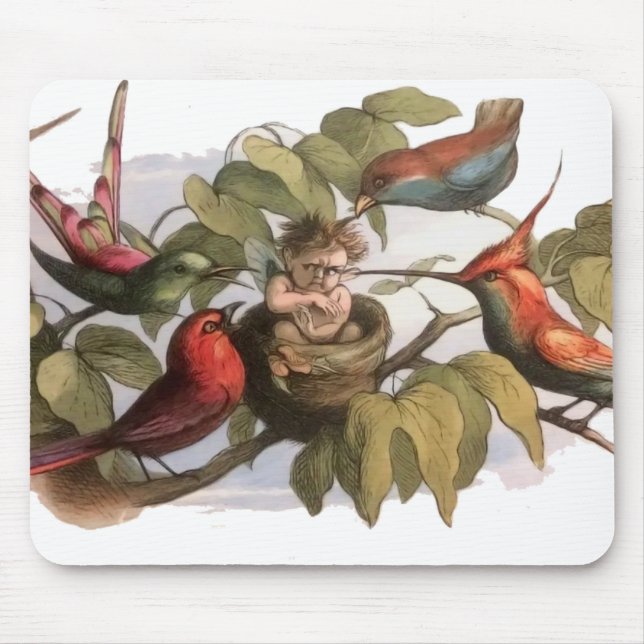 Woodland Elf in Nest: Antique Bird Sprite Fairy Mouse Pad (Front)
