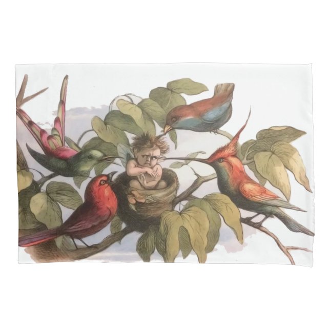 Woodland Elf in Nest: Antique Bird Sprite Fairy Pillow Case (Front)