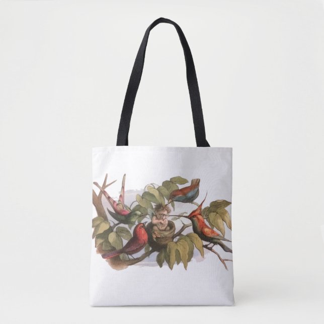 Woodland Elf in Nest: Antique Bird Sprite Fairy Tote Bag (Front)