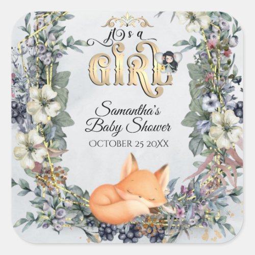 Woodland enchanted forest Fall Girl Baby Shower  Square Sticker