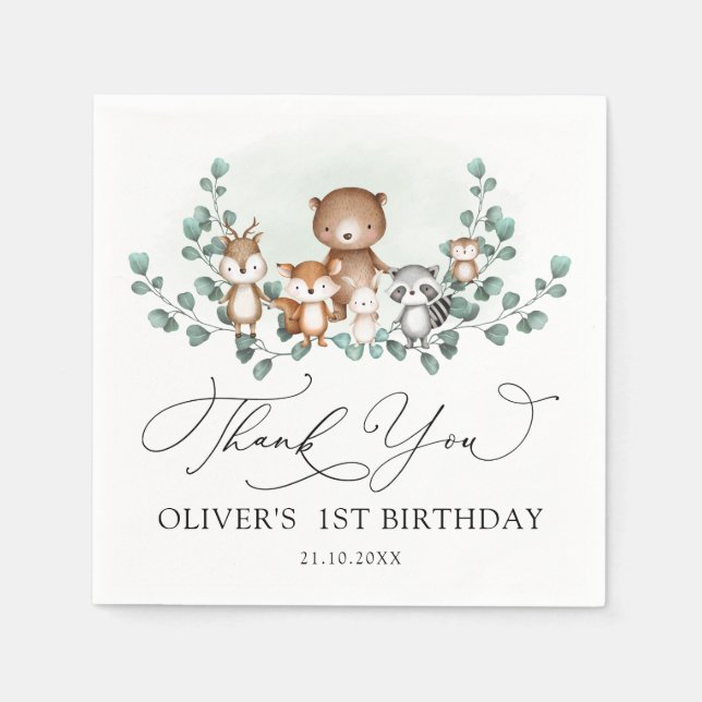 Woodland Eucalyptus Greenery Animals Birthday Boy  Napkins (Front)