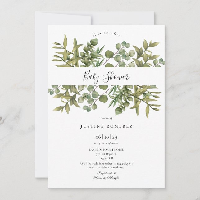 Woodland Eucalyptus Greenery Baby Shower Invitation (Front)