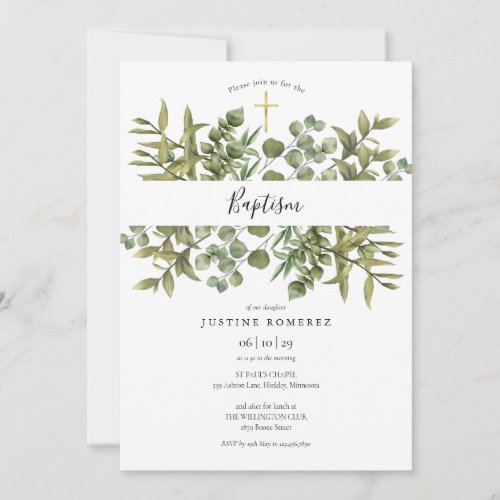 Woodland Eucalyptus Greenery Baptism Christening Invitation