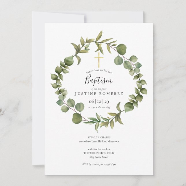 Woodland Eucalyptus Greenery Baptism Christening Invitation (Front)