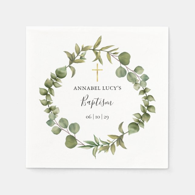 Woodland Eucalyptus Greenery Baptism Christening Napkins (Front)