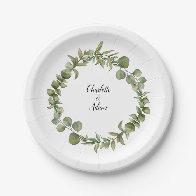 Woodland Eucalyptus Greenery Wedding Paper Plates (Front)