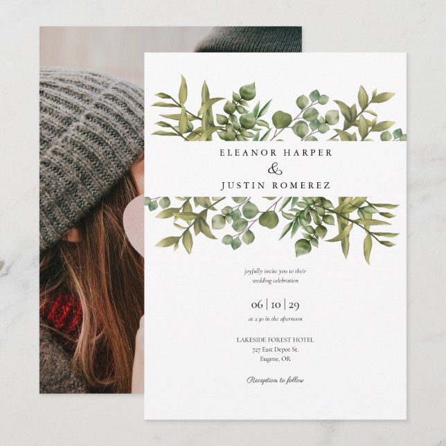 Woodland Eucalyptus Greenery Wedding Photo Invitation (Front/Back)