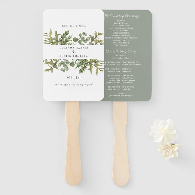 Woodland Eucalyptus Greenery Wedding Program Hand Fan (Front and Back)