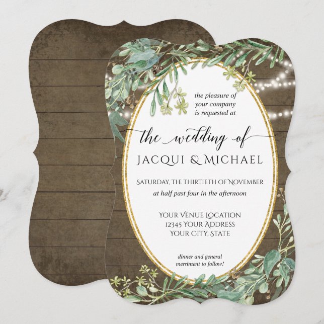 Woodland Eucalyptus Leaf Rustic Lights Watercolor Invitation (Front/Back)