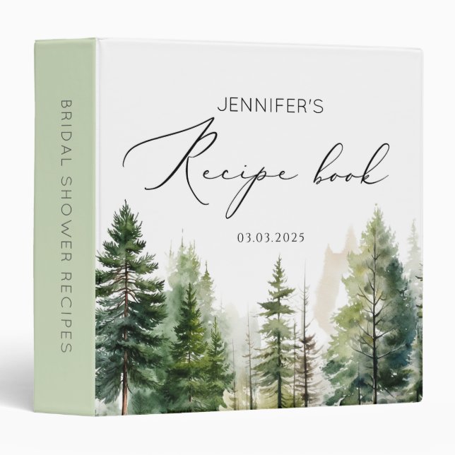 Woodland evergreen bridal shower recipe book 3 ring binder (Front/Spine)