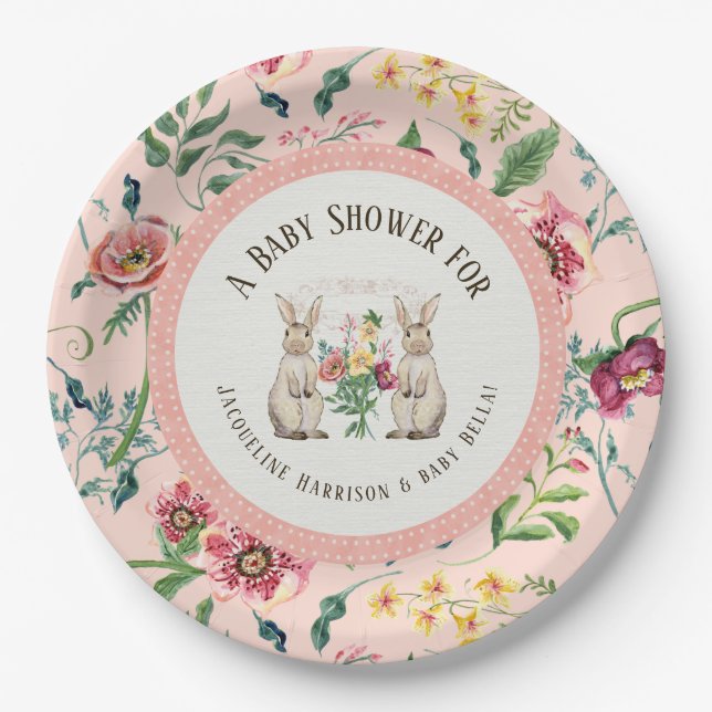 Woodland Fairytale Rabbits Floral Girl Baby Shower Paper Plates (Front)