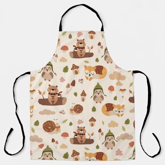 Woodland Fall Animals Light Autumn Fox Deer Owl Ra Apron (Front)
