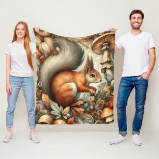 Woodland Fall Colour Mushrooms Squirrel Whimsical Fleece Blanket