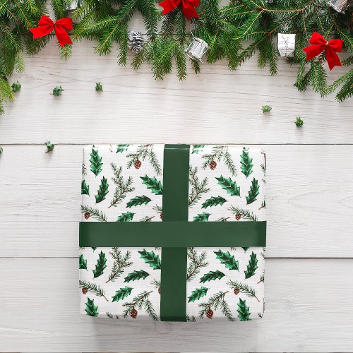 Woodland Fall Green White  Gold Christmas Gift Wrapping Paper Sheets
