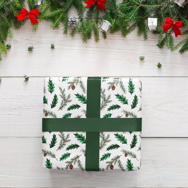 Woodland Fall Green, White & Gold Christmas Gift Wrapping Paper Sheets (Creator Uploaded)